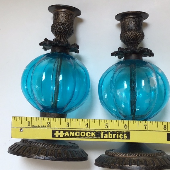 Pier 1 Blue Glass & Antique Brass Vintage Look Candlestick Set - Picture 8 of 10